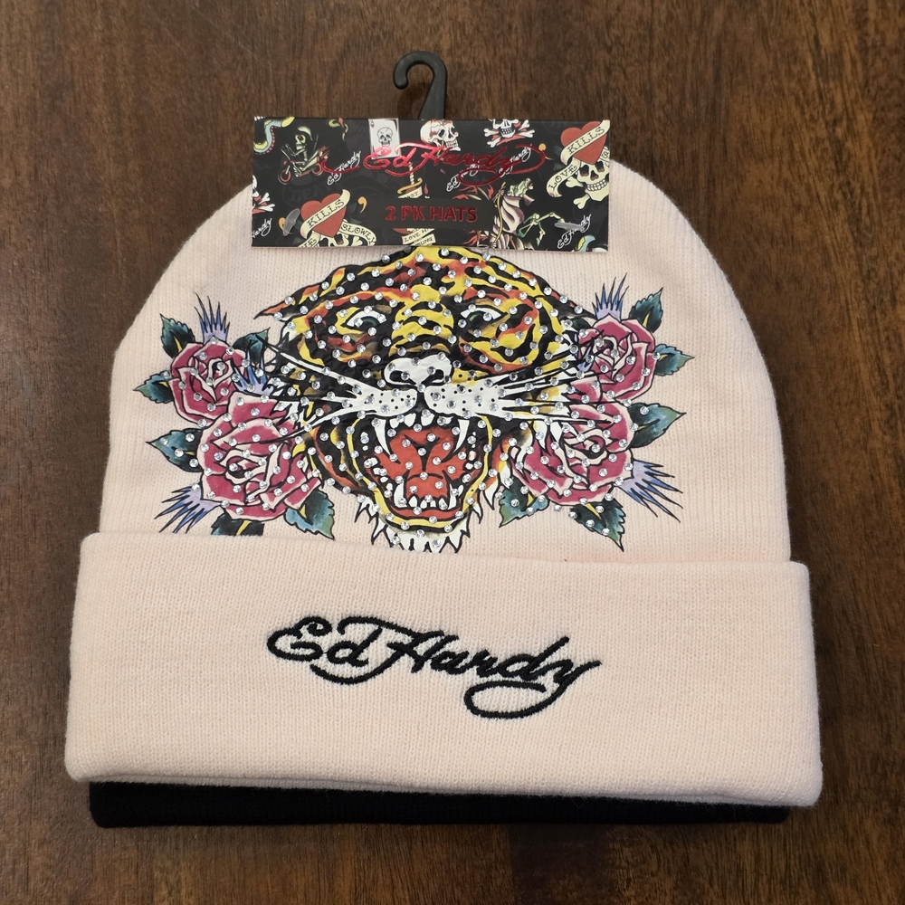 Ed Hardy Beanie Two Pack Pink And Black Y2K Old School Tattoo Streetwear NEW